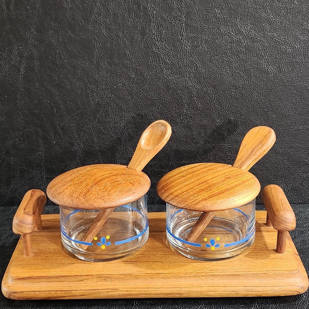 Mid Century Danish Modern 1969 Teak Condiment Set With Tray And Spoons